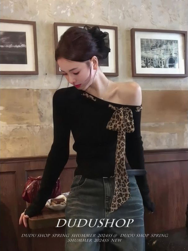 Vintage Pure Babes Leopard-Print Bow Tie With T-Shirt Women's Early Autumn Design Embstaple Shoulder Coat