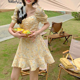 Sweet And Spicy Breeze Floral Dress French Orange Sterling Skirt New Bubble Sleeves Closed Waist A Short Skirt Summer