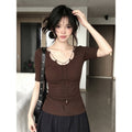 French Temperament With U-Neck Short-Sleeved T-Shirt For Women's Summer Design To Slim Thin Niche Tops