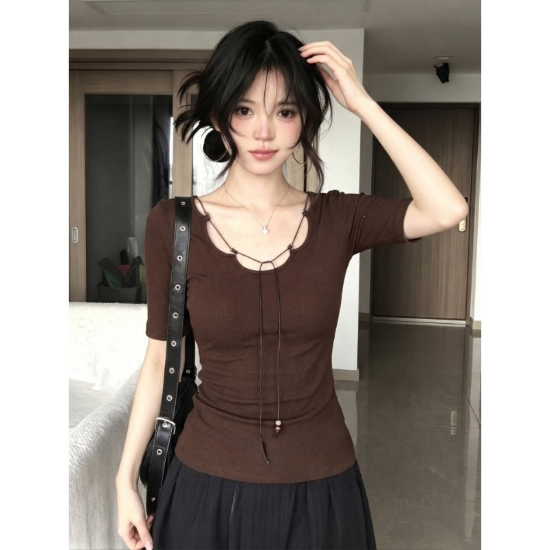 French Temperament With U-Neck Short-Sleeved T-Shirt For Women's Summer Design To Slim Thin Niche Tops