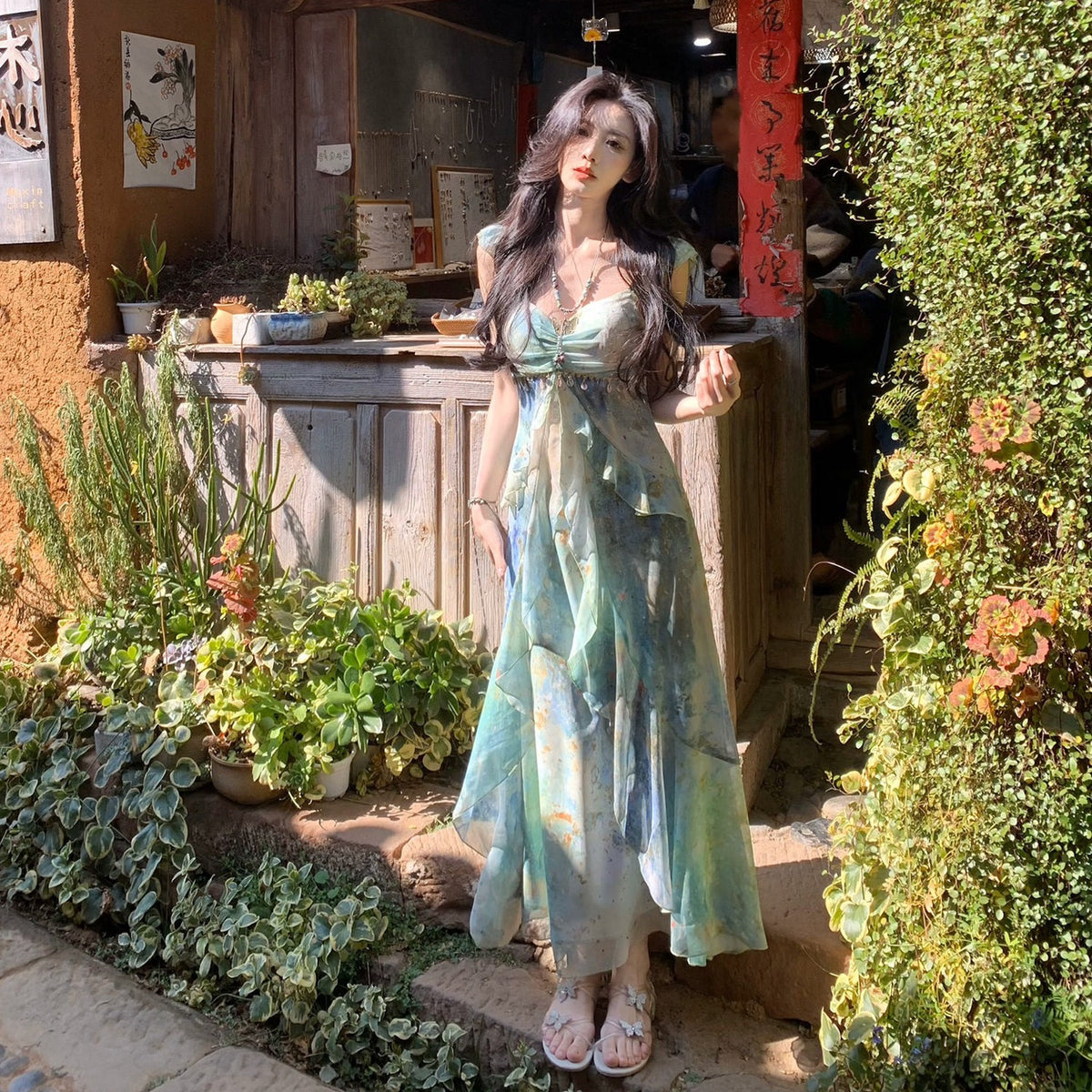 French-Style Flotation Summer Sling Dress With 2026 Summer New Waist Tourism Long Dress