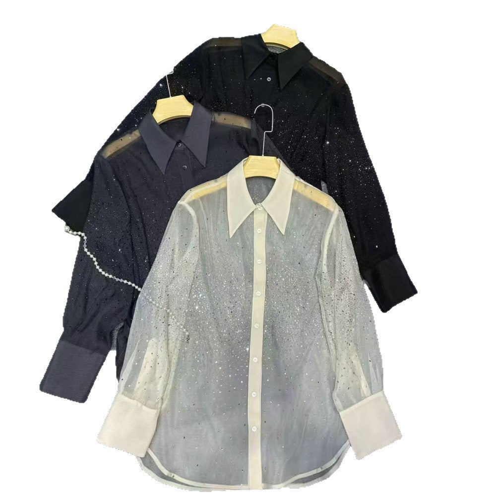 European Heavy Industry Hot Diamond Sun Protection Shirt Women's Flip-Flop Thin Cardigan Showing Thin Silk Shirt Top Summer