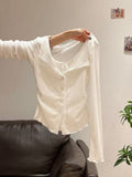 Unique Collar Long-Sleeved T-Shirt Women's Fake Two Wooden Ear Buckle Blouse Early And Autumn Wearing V-Neck Bottom Shirt