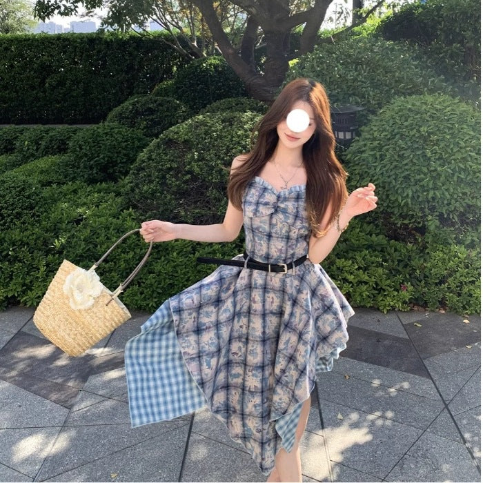 Blue Tie-Dye Splicing Lattice Sling Dress Femininity Summer Temperament Holiday Style Thin Irregular Long Skirt