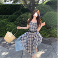 Blue Tie-Dye Splicing Lattice Sling Dress Femininity Summer Temperament Holiday Style Thin Irregular Long Skirt