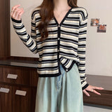 KANING Port Wind Sweet V-Neck Striped Knitted Cardigan Women 2026 Autumn New Ocean Gas Thin Sweater Outside