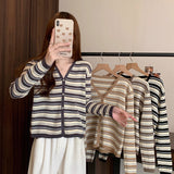 KANING Port Wind Sweet V-Neck Striped Knitted Cardigan Women 2026 Autumn New Ocean Gas Thin Sweater Outside