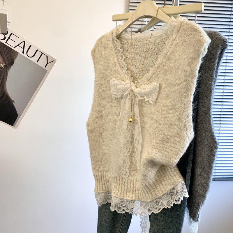 KANING Lace Bow V-Neck Sweater Vest 2026 Early Autumn New Women's Clothing Folded Sleeveless Knitted Top