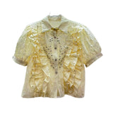 Heavy Industry Nail Beads Diamond Glide Design Sweet Wood Ear Lace Splicing Hook Hollow Short Lace Shirt Woman