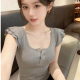 U-Neck Double-Layered Small Flying Sleeve Lotus Leaf Side Short-Sleeved T-Shirt Slimming Sweet Pure Desire Female Top
