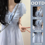 French Literary And Art T-Shirted With V-Neck Blue Bubble-Sleeved Dress Small Super Fairy Collection Waist Lanky Skirt