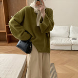 KANING Korean Lazy Windy Large Plate Round Collar Hooded Sweater Women Loose Design Sense Solid Color Knitted Shirt