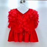 European Small Man Ocean Gas V-Neck Fashion Shirt Women Summer 2025 New Design Feel Red Top