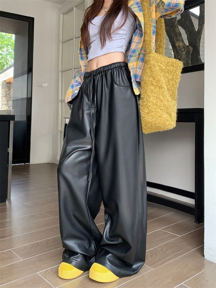 Black Leather Pants 2025PU Slacks Autumn And Winter High Waist Thin Straight New Pants Loose Mop