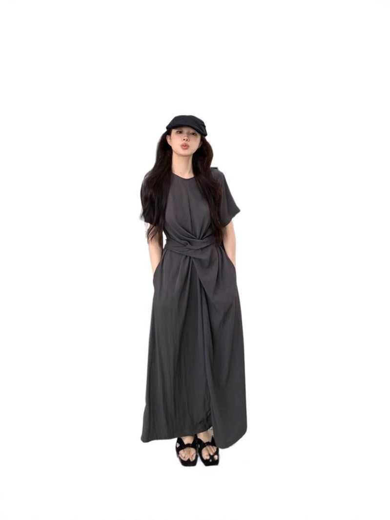 Small Design Cross-Tieed Short-Sleeved Dress Summer Femininity High-End Feeling Waist Thin A Word Long Skirt