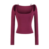 One-×Ö Collars With Long-Sleeved T-Shirt Purple Slim Slim Top Temperament Side-On-Shoulder-To-Wear T-Shirt