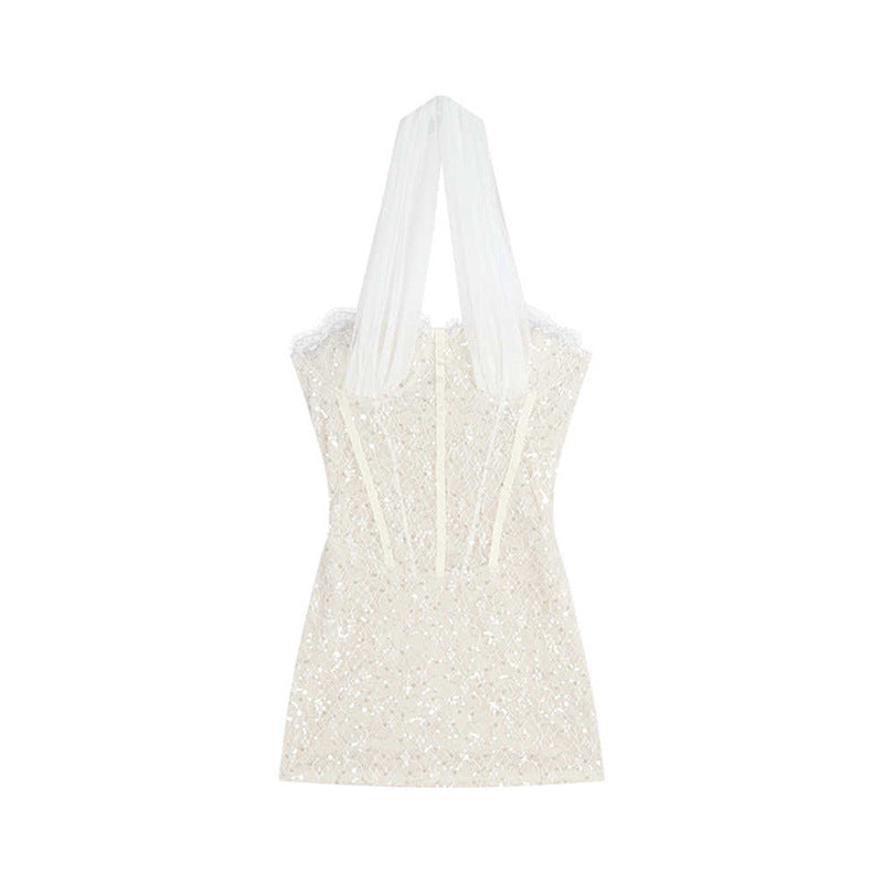 Sexy Pure Lust Wind Hanging Neck Lace Dress Women Summer Body Cover Screen Spliced Braided Hips Short Skirt