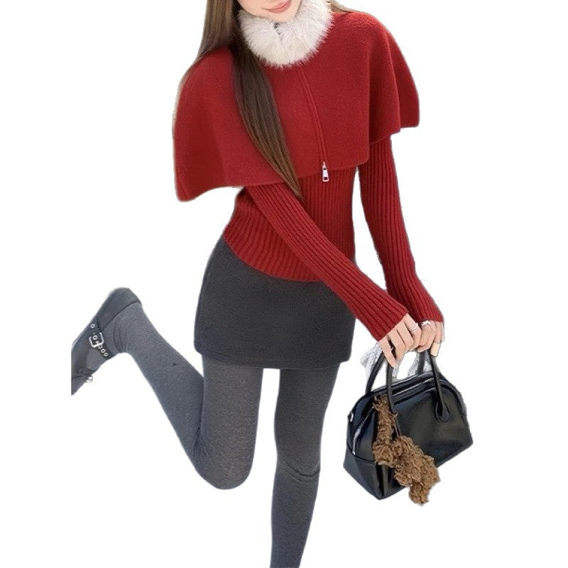 KANING Autumn And Winter New Gentle Wind Can Be Detachable Collar Cloak Shawl With Two Sets Of Knitted Shirt Tops