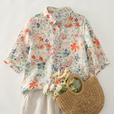 Real Shooting Idyllic Plant-Print Shirt Monet Garden Crumb Shirt French Fresh Half-Sleeved Top Woman