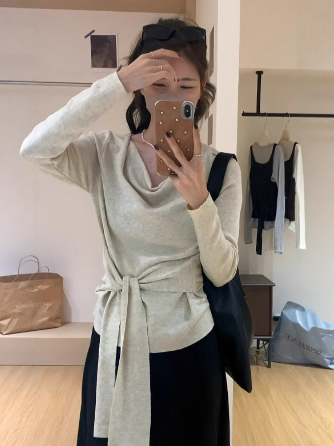 Korean Design Sense Niche Belt T-Shirt Girl Early Autumn Loose Folding Tie Strap Thin Top