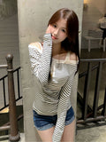 2026 Spring And Autumn Pop Hottie Open Shoulder Collar Style Long-Sleeved Striped Blouse Heart Loose Thin T-Shirt Girl
