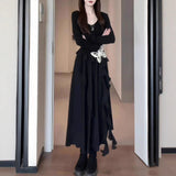 2025 Autumn Dress New Long-Sleeved Irregular Butterfly Small Black Dress Early Autumn Wearing Elastic Waist Dress