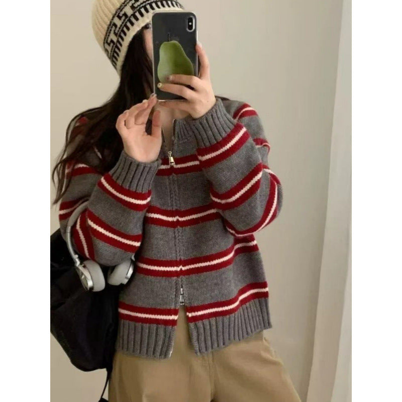 KANING Korean Striped Double Zipper Knitted Cardigan 2026 Autumn New Women's Short Round-Neck Sweater Jacket