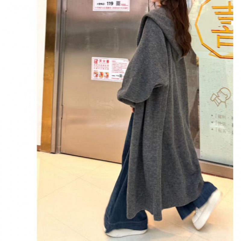 KANING Korean Languid Hooded Long Over-Knee Knitted Cardigan Women's Winter Dress Thick Loose Thin Coat