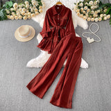 Gentle-Wind Pink Lace Spliced Lap-Over Shirt Long-Lens Waist Coat Two Sets Of High-Rise Thin Leg Pants