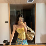 Seaside Holiday Style Suit French Rope Smear Vest Top Woman Summer Blue Floral Half Dress Two Sets
