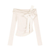 [Original Fabric] Pure Lust Wind Shoulder-Piny Pink Bottoming Shirt Female Hottie Bow Lace Spliced On The Shoulder
