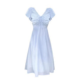 French Literary And Art T-Shirted With V-Neck Blue Bubble-Sleeved Dress Small Super Fairy Collection Waist Lanky Skirt
