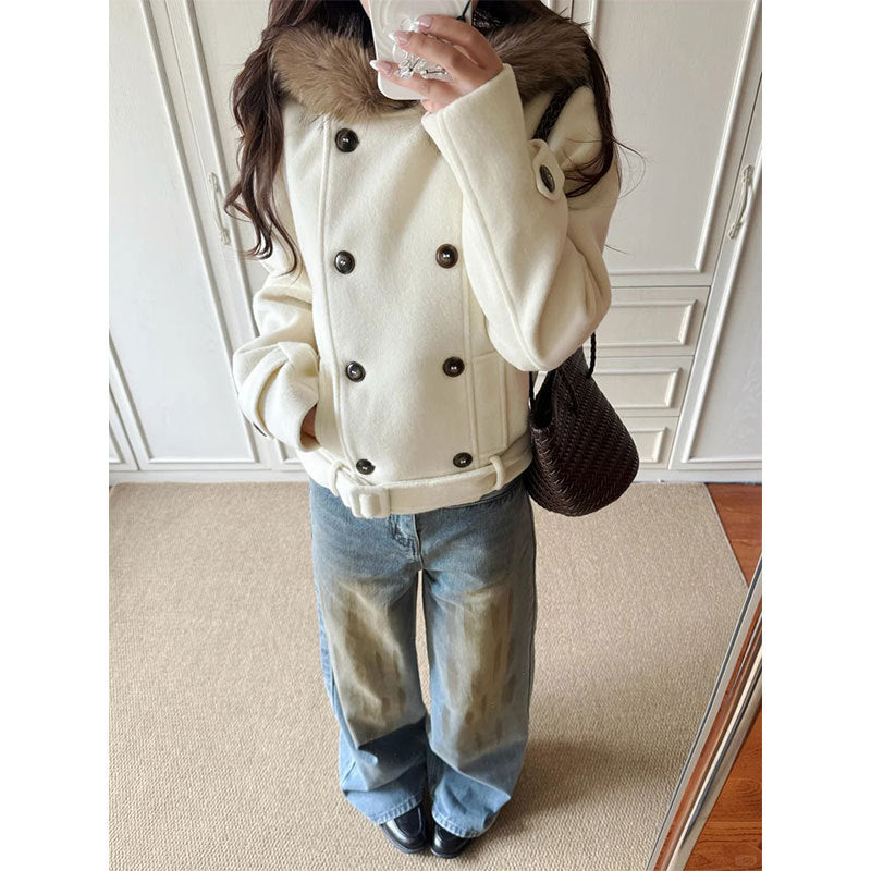 [Warm Up 450G French Double Buckle Coat Women Autumn And Winter New Woolen Hooded Top Woman