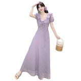 French Gentle Lotus Side V-Neck Bubble Sleeve Dress Summer Holiday Purple Lace Lumbar Texture Dress