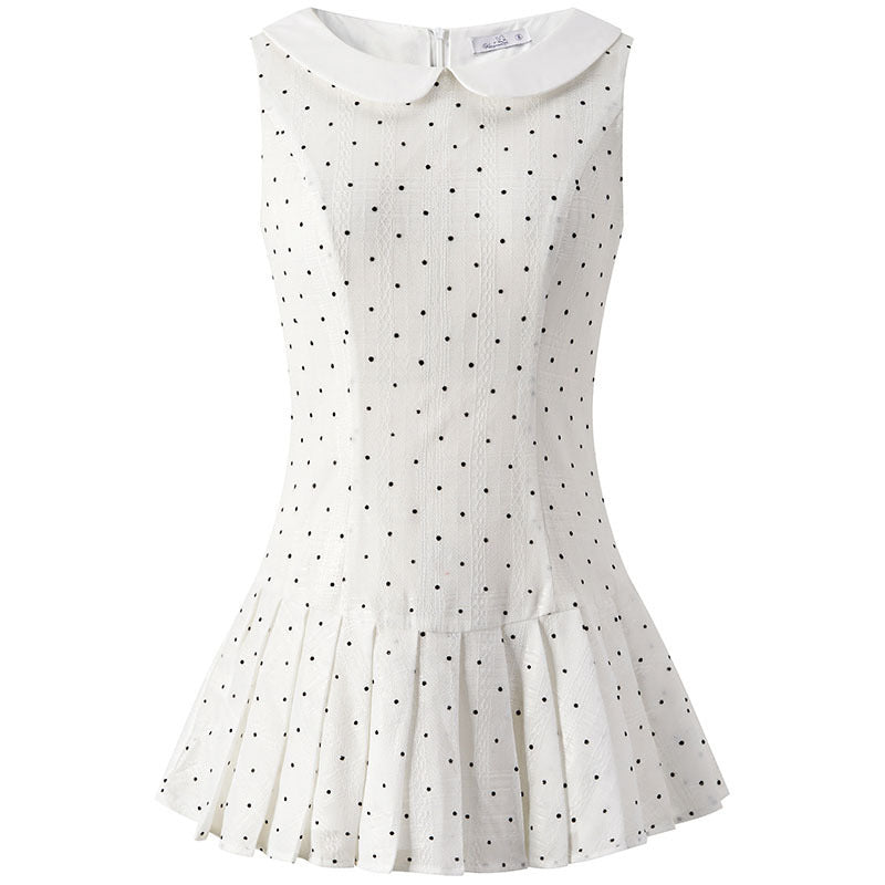 French Style Temperament White Wave Dot Doll Collar Vest Dress Girl Small Waist Thin 100-Fold Short Skirt
