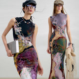 2026 Summer New Chinese Style Before And After Two Bumpy Color Printed Cheongsam Dress Women Retro Style Cheongsam Dress