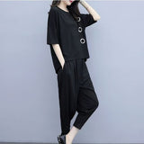 Summer Large-Size Women's Loose Thin Casual Fashion Three-Dimensional Decorative Round-Neck T-Shirt + Black Harlan Pants Two-Piece Set