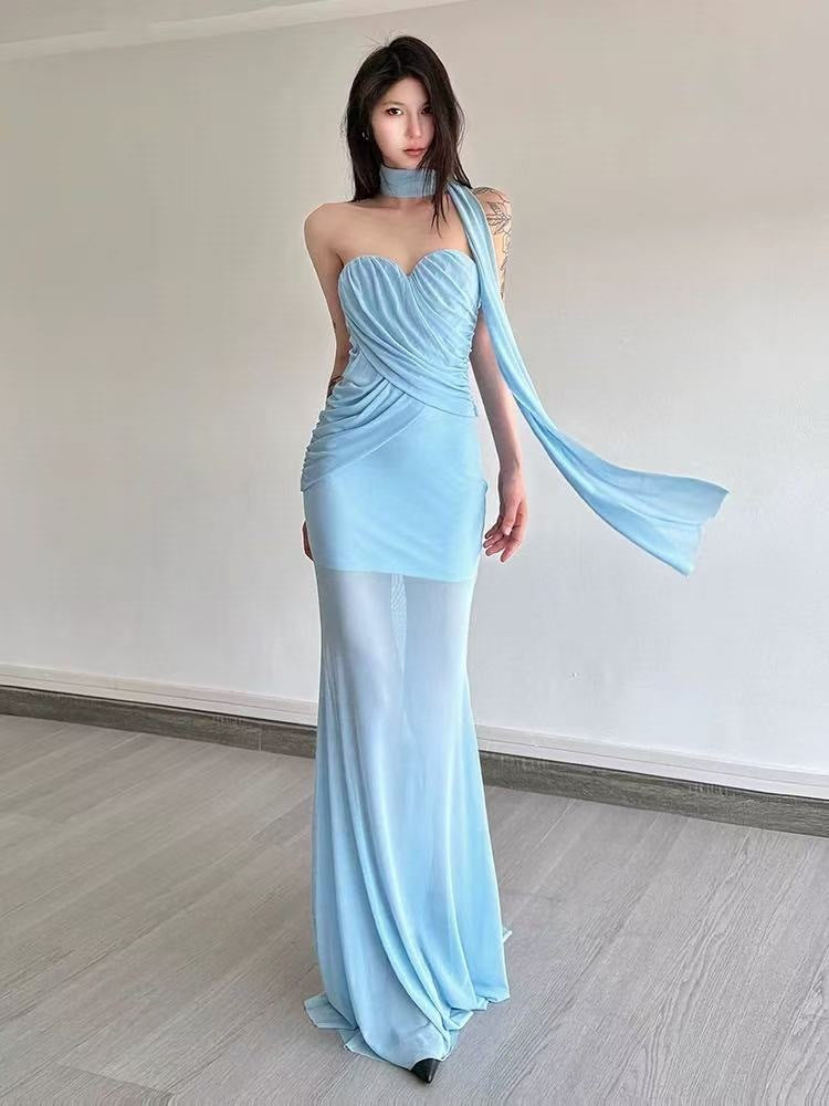 Pure Lustrous Gentle Bare-Colored Mesh Dress Female High-End Temperament Vacation Fishtail Ass And Hip Dress
