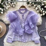 French Small Luxury Three-Dimensional Lotus Side Splicing Round Collar Pearl Single Buckle Lace Jersey Top