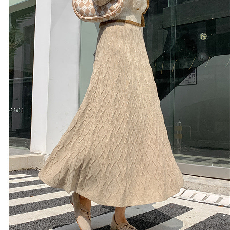 KANING Long Wave Ling Knitted Umbrella Skirt 2026 Autumn New A-Shaped Skirt High-Waist Knitted Skirt