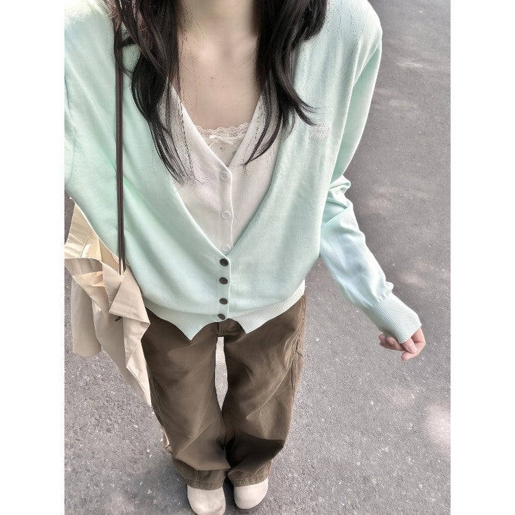 3.18 / Spring On The New XUAN XIAO JIE Spring Fake Two Mint Green Knitted Cardigan Women