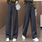 Spring And Autumn Casual Wind With Solid Color Pumping Rope With Pocket Broad Leg Pants Women Loose Waist Loose Straight Trousers