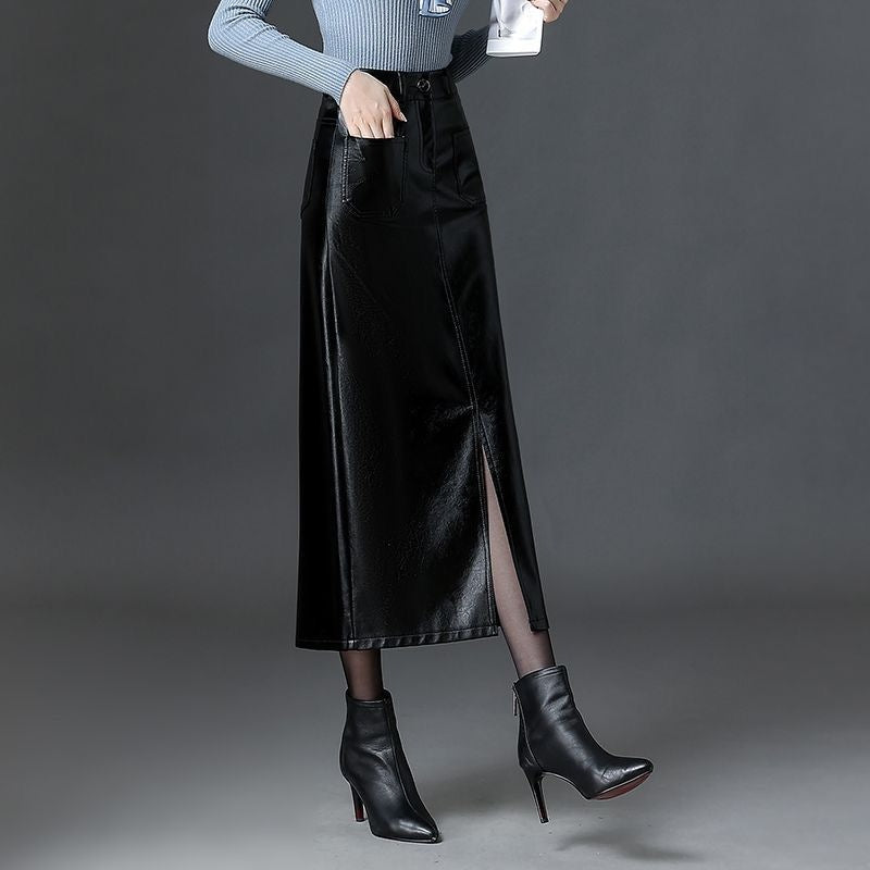 2025 Autumn And Winter High-Rise Straight Body Half Dress Female Version Of Fashion Large Size PU Leather Skirts Thin Dress