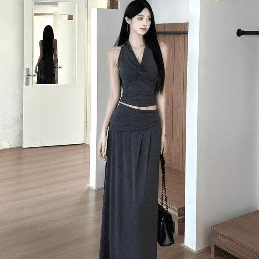 Summer Folded Vest V-Neck Top + Dating Solid-Colored Ass Hip Skirt Long Dress