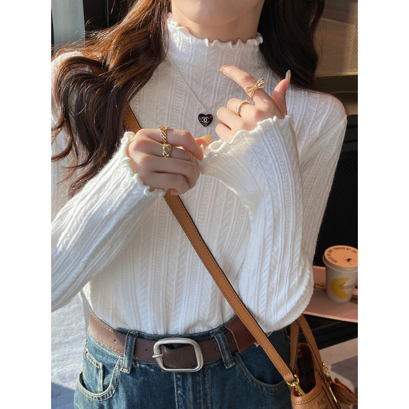 KANING Solid-Colored Semi-High-Necked Knitted Shirt 2026 Autumn And Winter New Wood Ear-Sideded Sweater