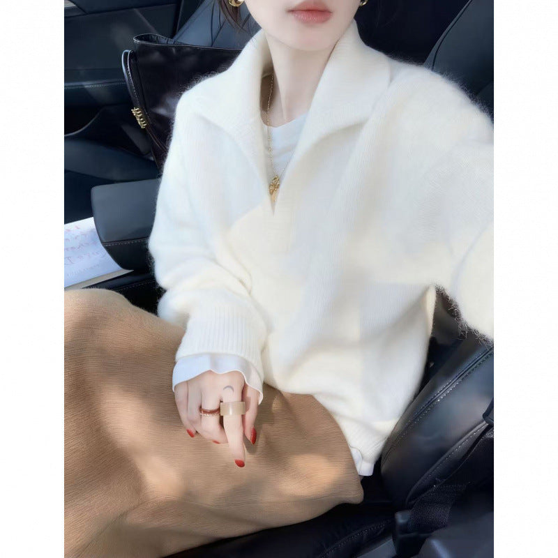 LEKA Old Money Wind Green V Lame Sea Hair Sweater Women Autumn And Winter Lazy High Sense Thick Collar Knitting Top