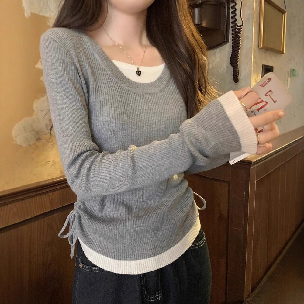 Fake Two Drawstrings Folded Long-Sleeved Women Early Autumn New Thin Design Top