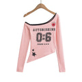 Personality Hottie Autumn New Printed Collared Shoulder Bumpy Long-Sleeved T-Shirt Collared Asymmetrical Collar
