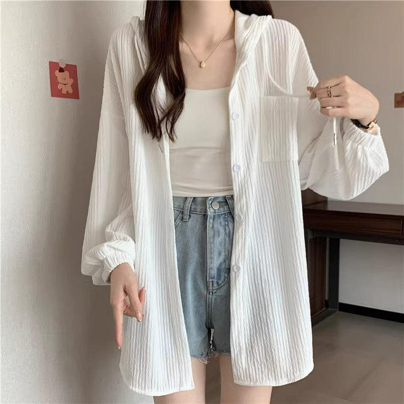[] Medium And Long White Thin Hooded Sunscreen Shirt Coat Women's Large Summer Outside The Shirt Top