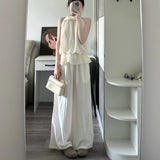 Korean Gentle Wind Hanging Neck Lotus Leaf Edge Sleeveless Coat Hanging Wide Leg Trousers Set Of Women's Summer Loose Thin Two Sets